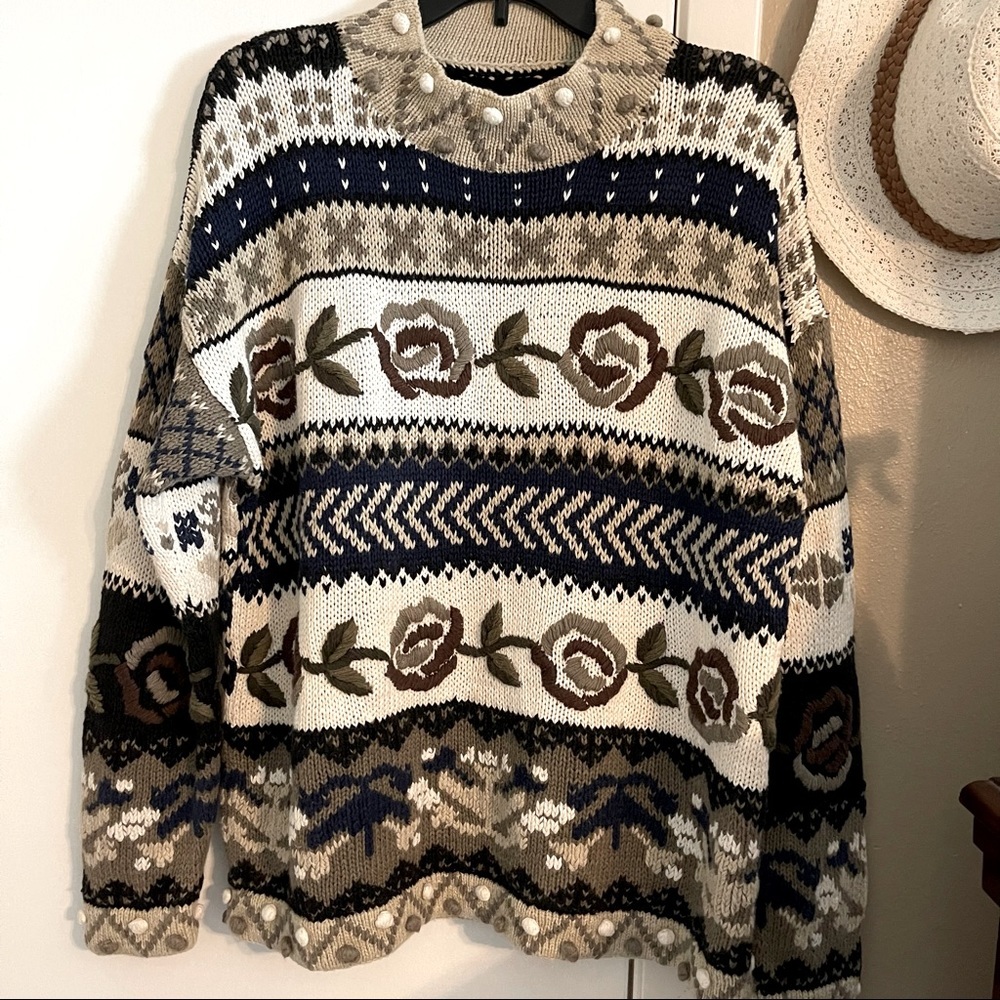Vintage Express Oversized Hand Knit Smock Neck Sweater Size Small